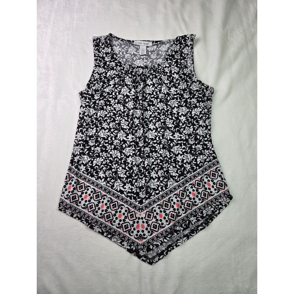 White House Black Market Floral Sharkbite Hem Tank Top Black White Pink Medium